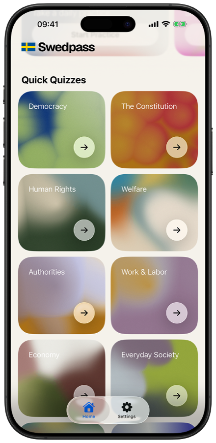 Quick quizzes grid showing the ten citizenship test topics